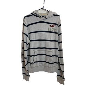 Vintage Y2K Hollister Hoodie Mens X Large Gray Striped Cotton Knit Sweatshirt